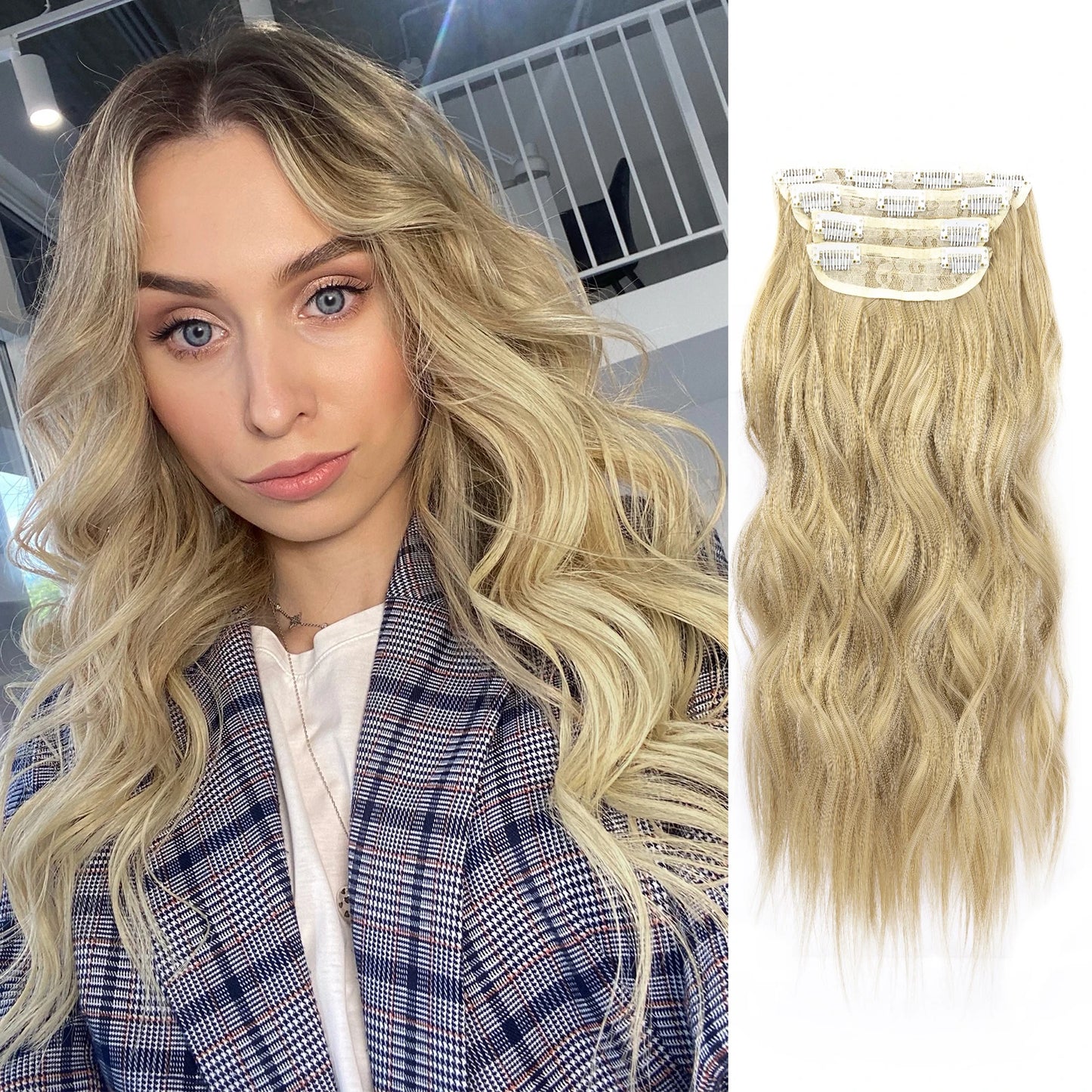 4PCS Clip-In Hair Extensions 20 Inch Long Wavy Synthetic Hair for Women – Thick Full Head Hairpieces with Secure Clips, Ombre Colour Blend, Natural Lo - MONA HAIR