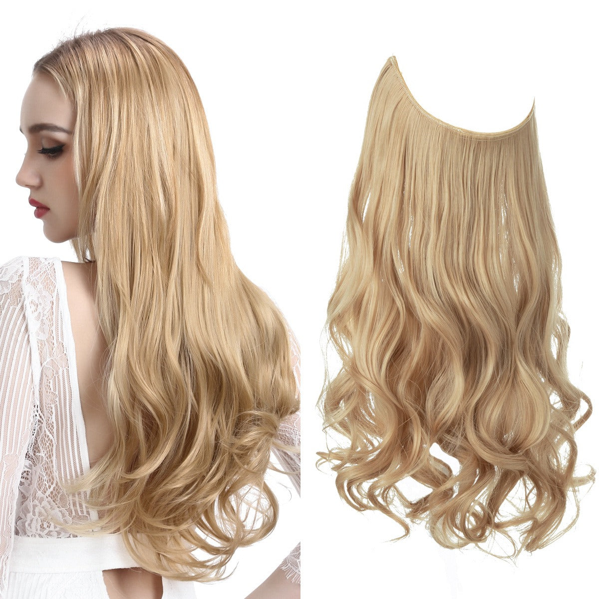 European And American Wig Piece Female Fishline Hair Extension Piece Chemical Fiber Matte High Temperature Silk Long Curly Human Hair - MONA HAIR 