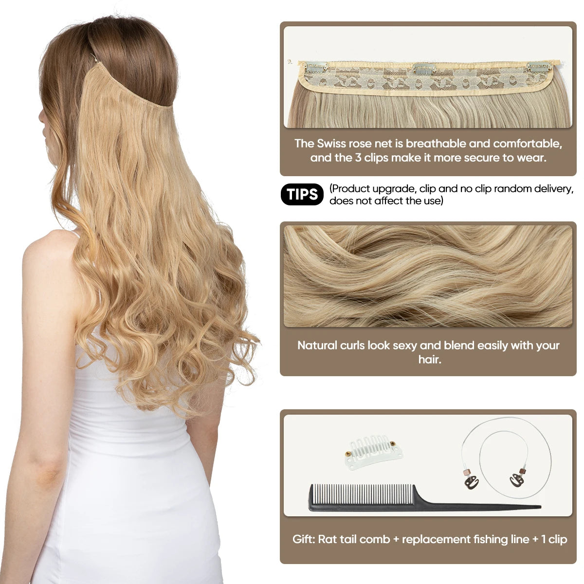 Premium Synthetic Clips In Natural Daily Wear Hair Extension Ombre One Piece Long Wave Invisible Wire False Hair Piece For Women - MONA HAIR 