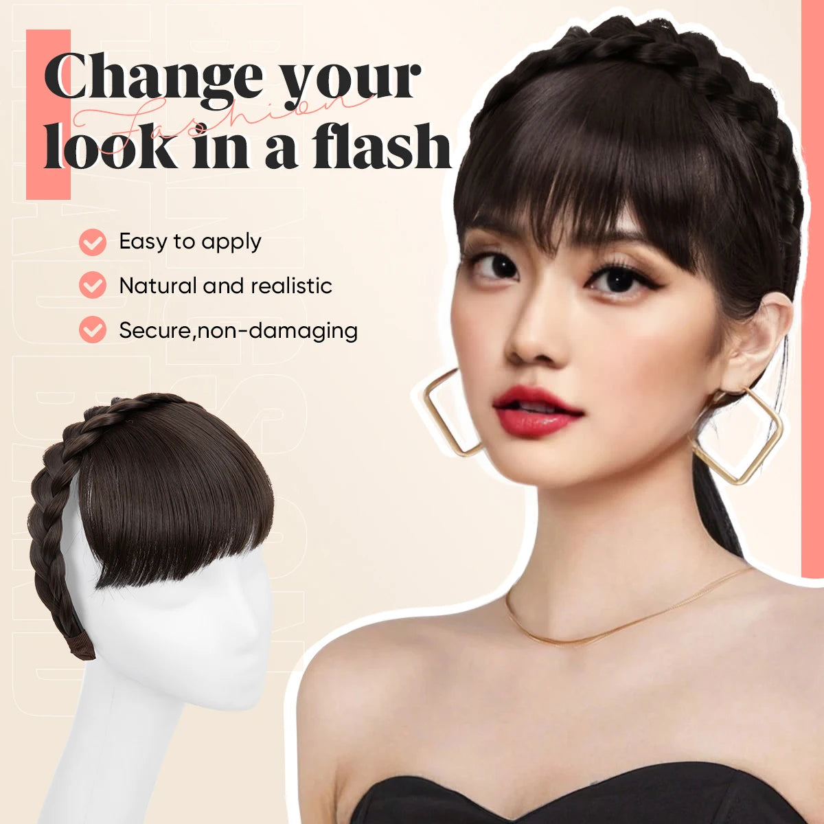 Premium Synthetic Natural Hair Blunt Fringe Without Long Sides Fake Braid Headband Bangs Daily Hair Bang Extension For Women B11 - MONA HAIR 