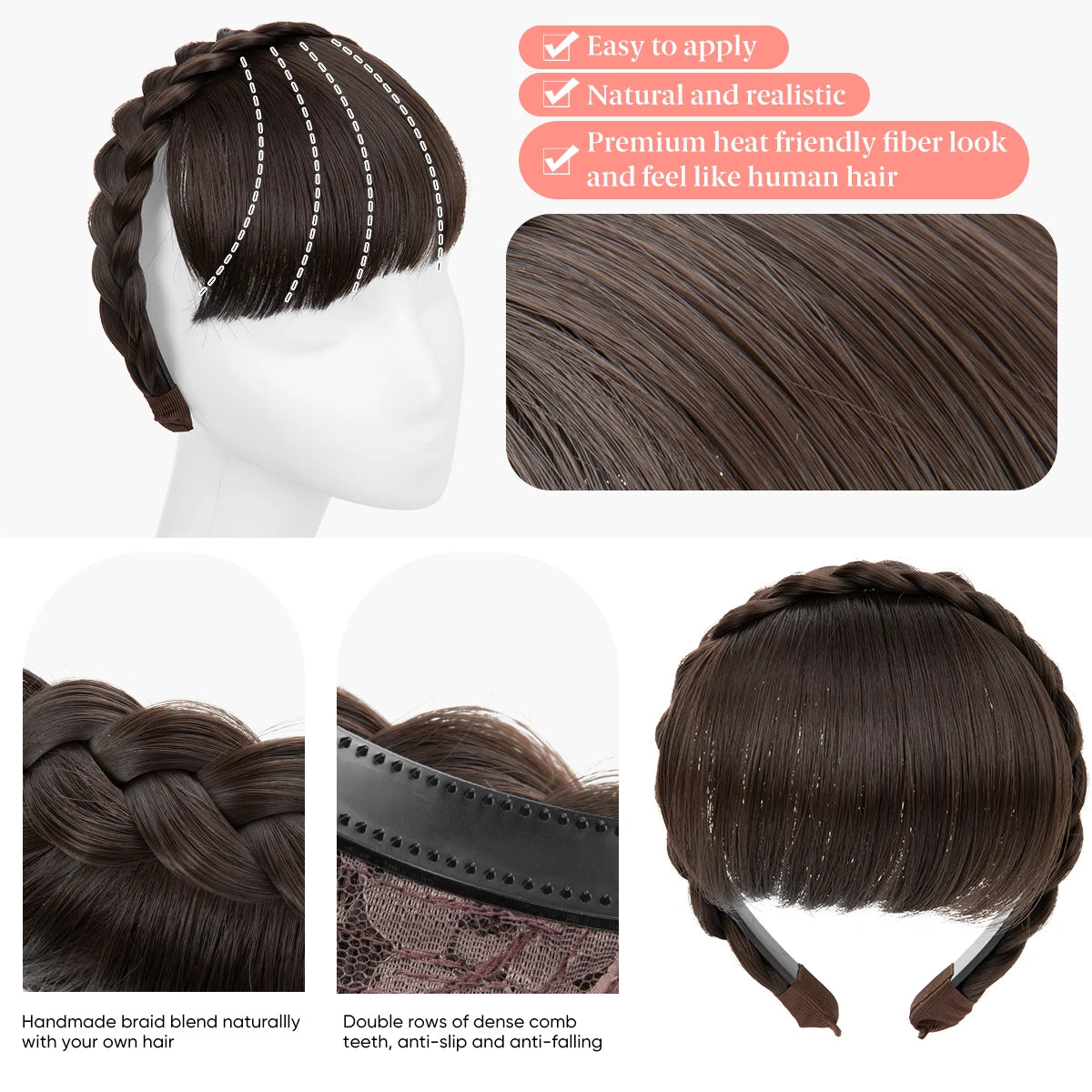 Premium Synthetic Natural Hair Blunt Fringe Without Long Sides Fake Braid Headband Bangs Daily Hair Bang Extension For Women B11 - MONA HAIR 