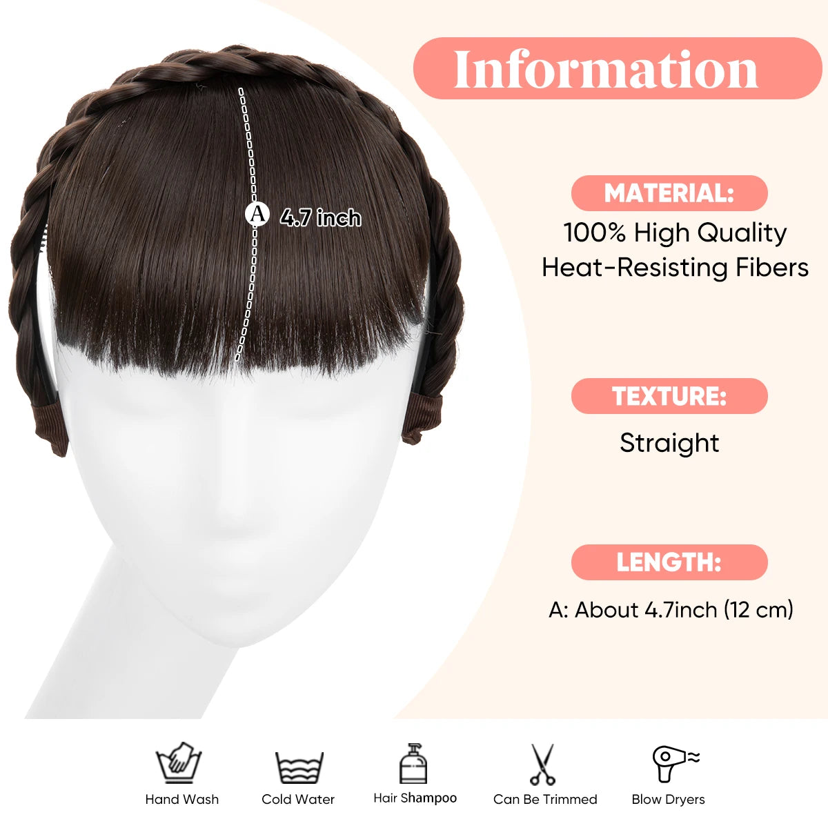 Premium Synthetic Natural Hair Blunt Fringe Without Long Sides Fake Braid Headband Bangs Daily Hair Bang Extension For Women B11 - MONA HAIR 