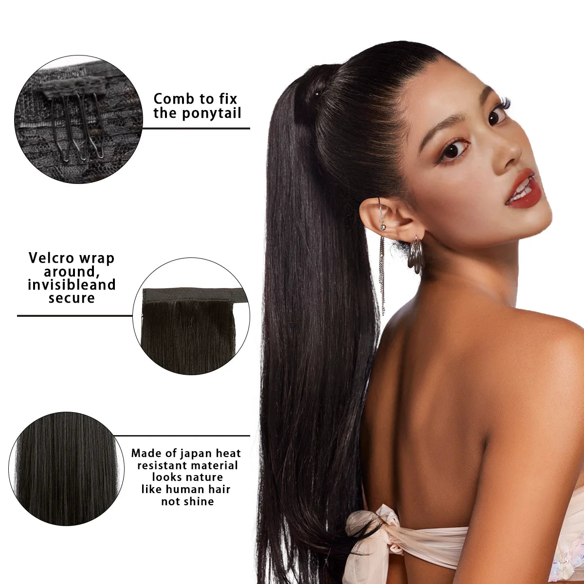 Premium Synthetic Straight Daily Ponytail Hair Extension Clip in Hairpiece  Smooth Overhead Pony Tail Wrap Around Pigtail P001 - MONA HAIR 