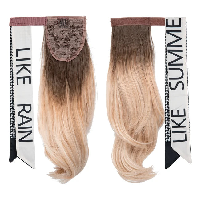 Premium Synthetic Wavy Clip in Ponytail With Hair Band Hair Extension Fake Hairpiece Blonde Wrap Around Pigtail Smooth Pony Tail - MONA HAIR 