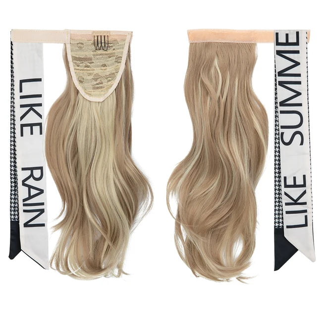 Premium Synthetic Wavy Clip in Ponytail With Hair Band Hair Extension Fake Hairpiece Blonde Wrap Around Pigtail Smooth Pony Tail - MONA HAIR 