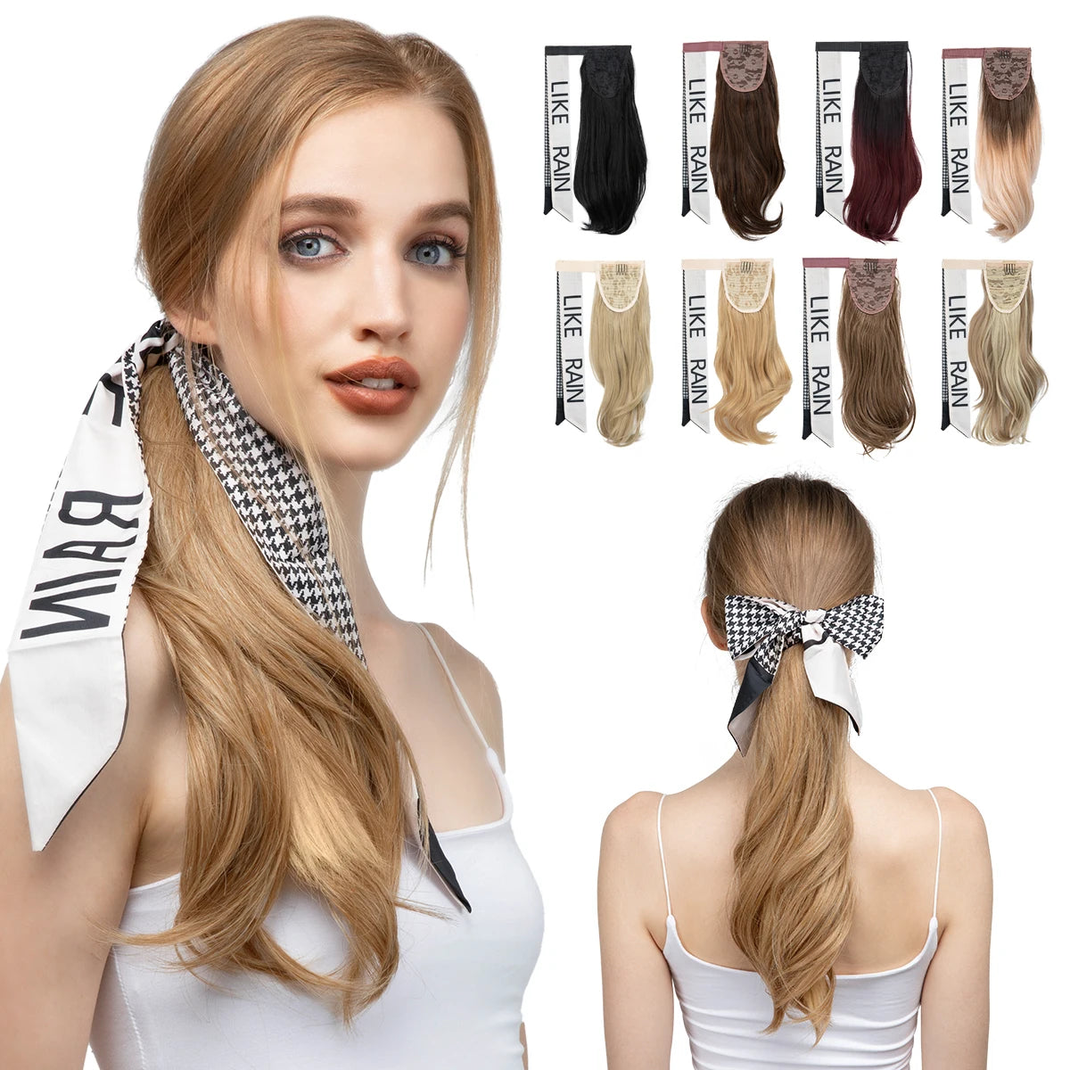 Premium Synthetic Wavy Clip in Ponytail With Hair Band Hair Extension Fake Hairpiece Blonde Wrap Around Pigtail Smooth Pony Tail - MONA HAIR 
