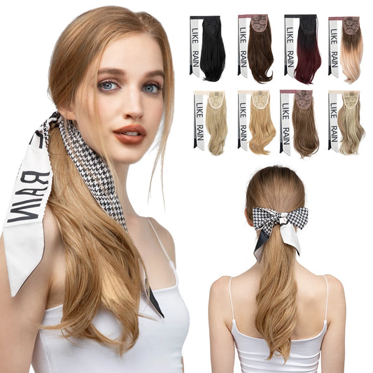 Premium Synthetic Wavy Clip in Ponytail With Hair Band Hair Extension Fake Hairpiece Blonde Wrap Around Pigtail Smooth Pony Tail - MONA HAIR 