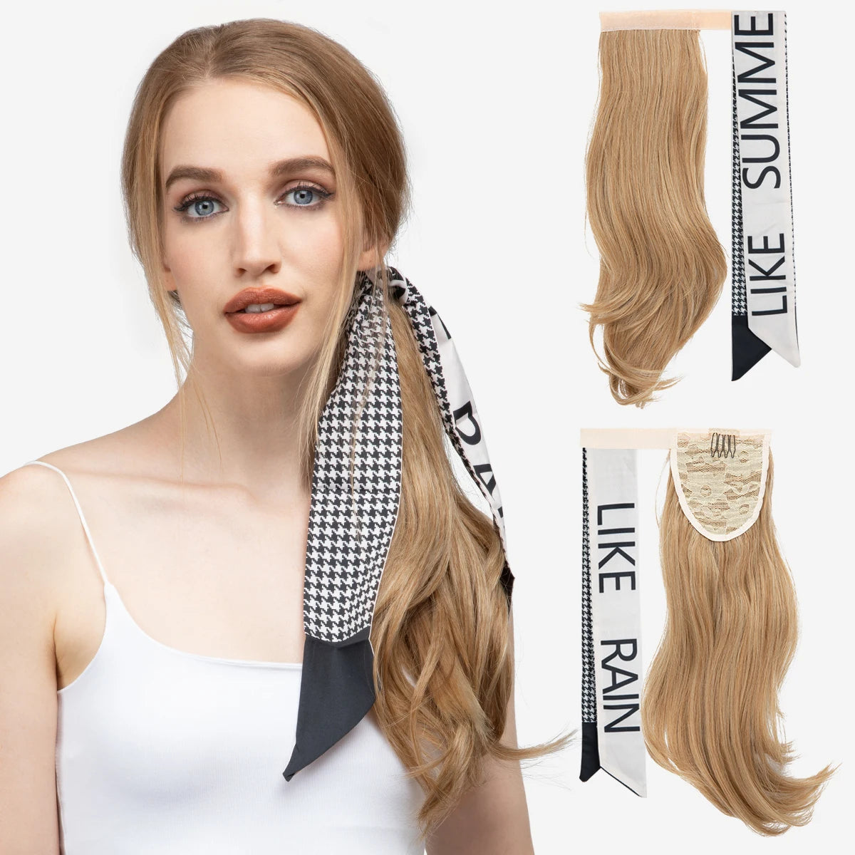 Premium Synthetic Wavy Clip in Ponytail With Hair Band Hair Extension Fake Hairpiece Blonde Wrap Around Pigtail Smooth Pony Tail - MONA HAIR 