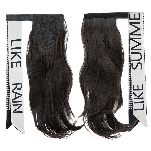 Premium Synthetic Wavy Clip in Ponytail With Hair Band Hair Extension Fake Hairpiece Brown Wrap Around Pigtail Smooth Pony Tail - MONA HAIR 