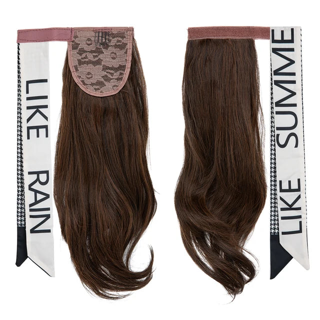 Premium Synthetic Wavy Clip in Ponytail With Hair Band Hair Extension Fake Hairpiece Brown Wrap Around Pigtail Smooth Pony Tail - MONA HAIR 