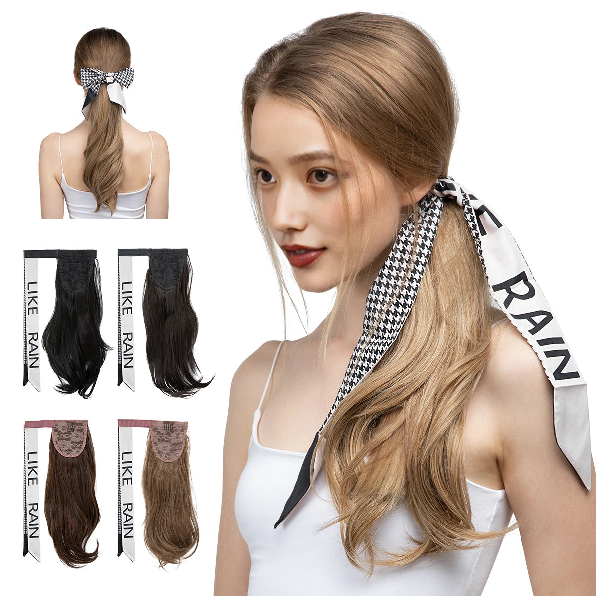 Premium Synthetic Wavy Clip in Ponytail With Hair Band Hair Extension Fake Hairpiece Brown Wrap Around Pigtail Smooth Pony Tail - MONA HAIR 