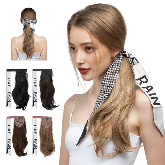 Premium Synthetic Wavy Clip in Ponytail With Hair Band Hair Extension Fake Hairpiece Brown Wrap Around Pigtail Smooth Pony Tail - MONA HAIR 