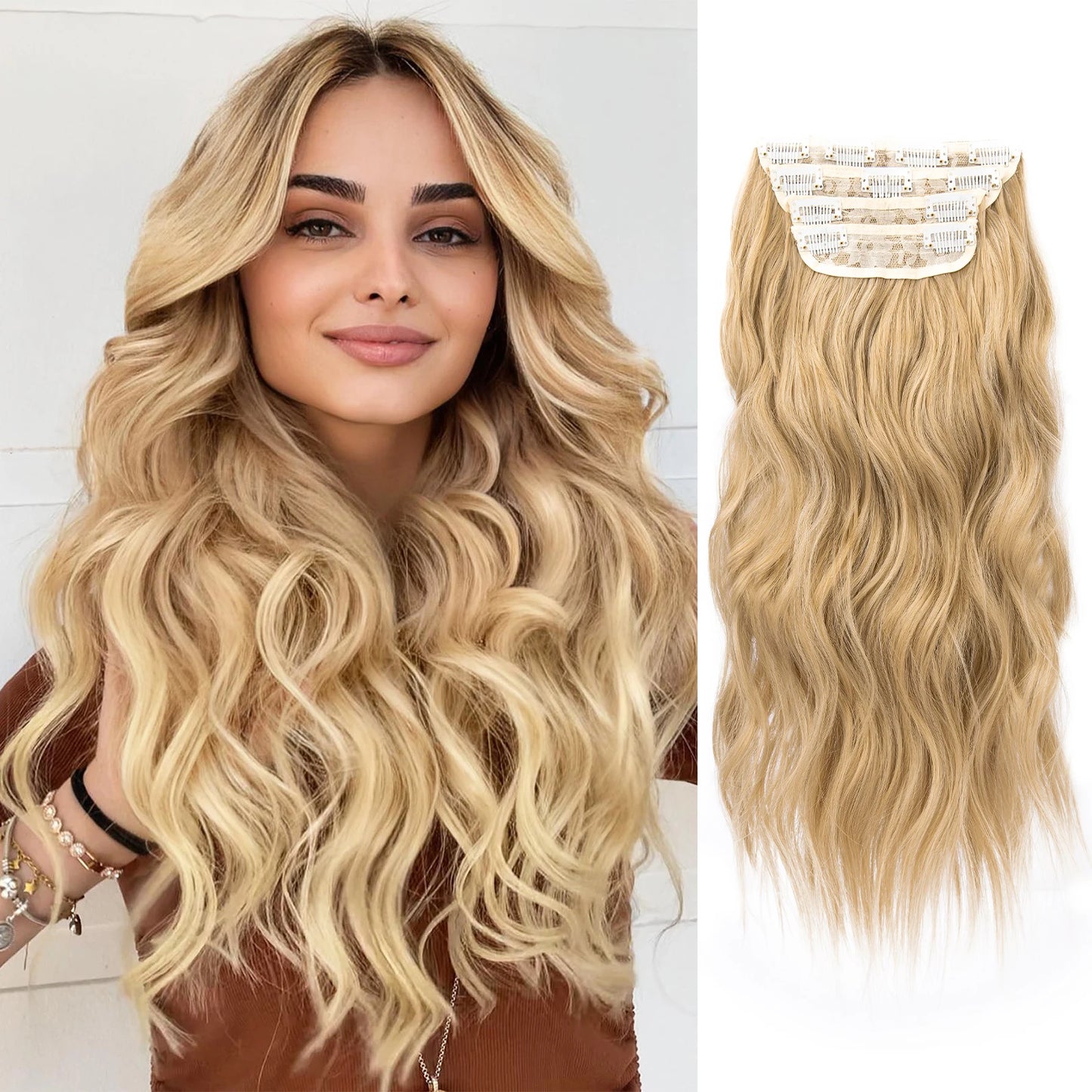4PCS Clip-In Hair Extensions 20 Inch Long Wavy Synthetic Hair for Women – Thick Full Head Hairpieces with Secure Clips, Ombre Colour Blend, Natural Lo - MONA HAIR 