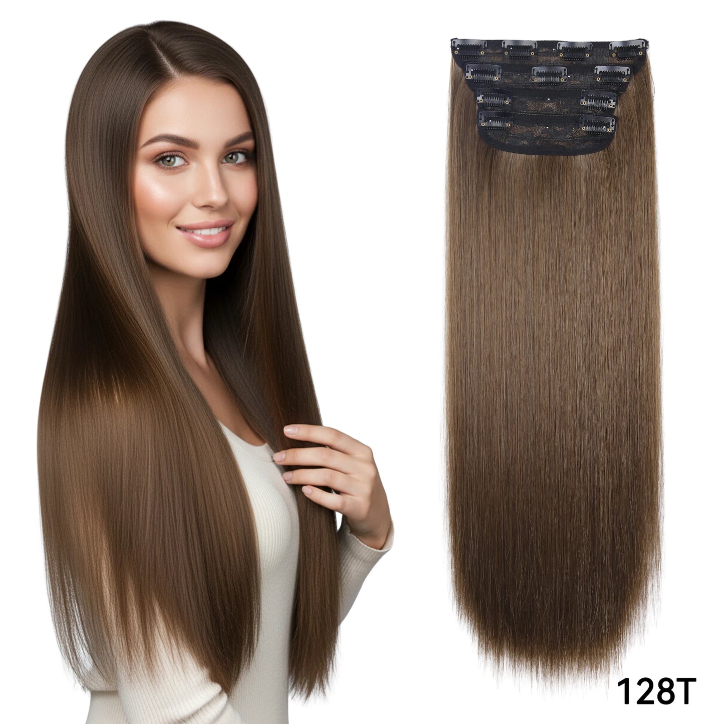 4PCS Clip-In Hair Extensions 20 Inch Long Wavy Synthetic Hair for Women – Thick Full Head Hairpieces with Secure Clips, Ombre Colour Blend, Natural Lo - MONA HAIR 