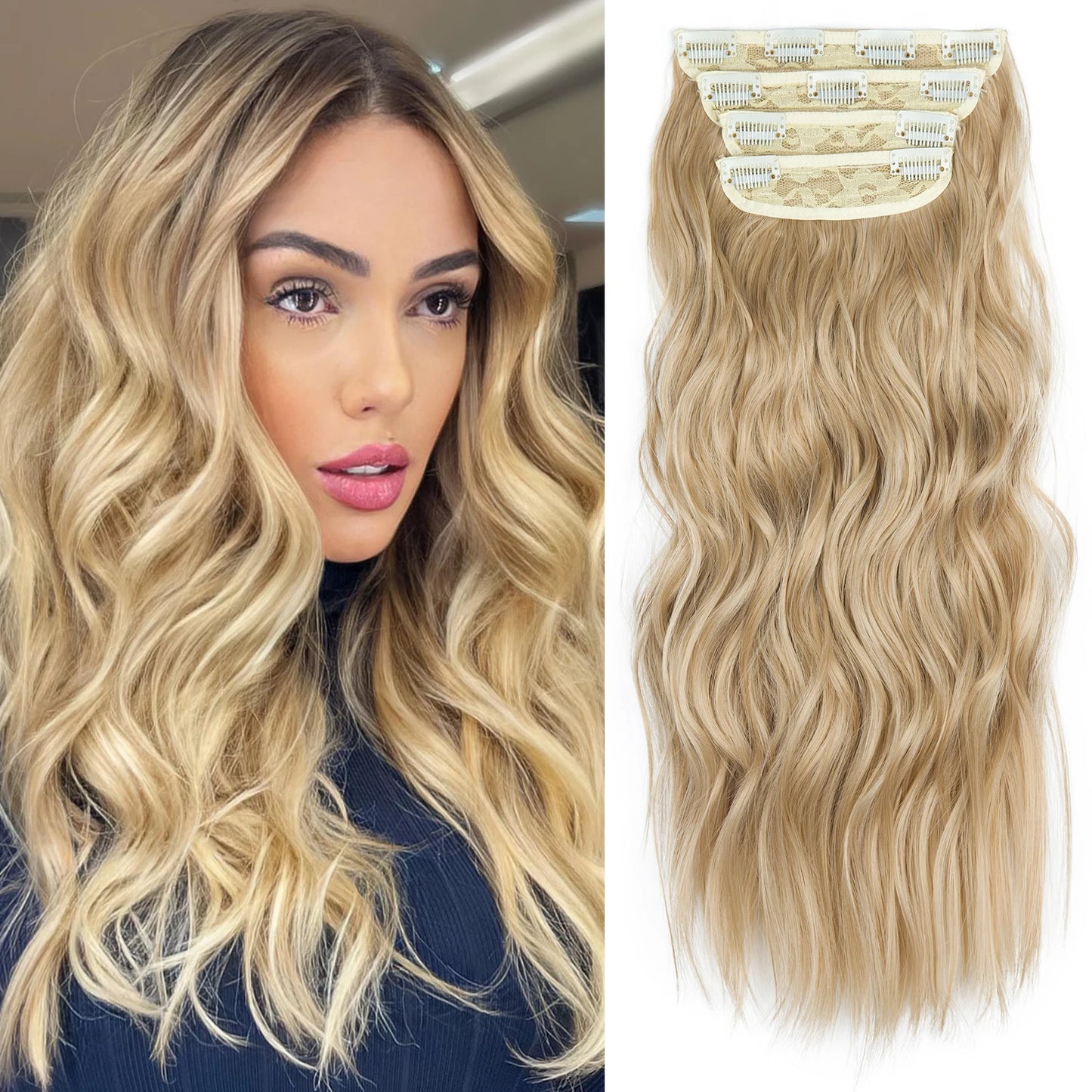 4PCS Clip-In Hair Extensions 20 Inch Long Wavy Synthetic Hair for Women – Thick Full Head Hairpieces with Secure Clips, Ombre Colour Blend, Natural Lo - MONA HAIR 