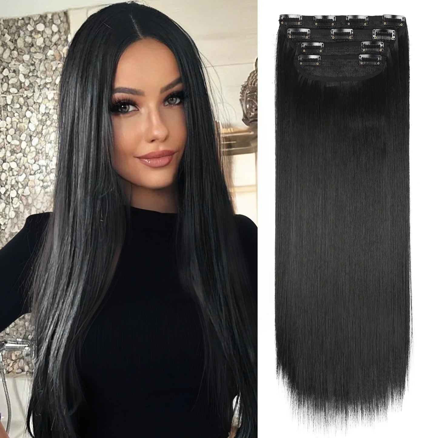 4PCS Clip-In Hair Extensions 20 Inch Long Wavy Synthetic Hair for Women – Thick Full Head Hairpieces with Secure Clips, Ombre Colour Blend, Natural Lo - MONA HAIR 