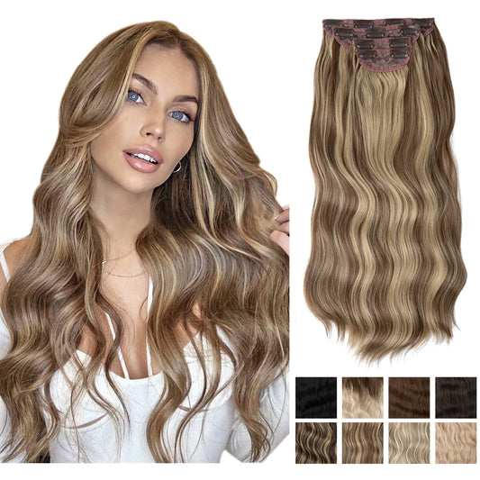 MONA PREMIUM QUALITY Long Wavy Clip In Hair Extensions 22" 4pcs/set Thick Hairpiece For Women Brown Blonde Black Natural Fake Hair - MONA HAIR 