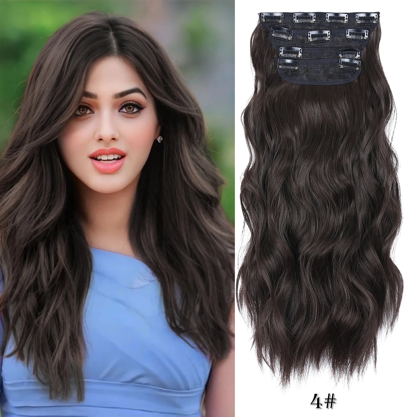 4PCS Clip-In Hair Extensions 20 Inch Long Wavy Synthetic Hair for Women – Thick Full Head Hairpieces with Secure Clips, Ombre Colour Blend, Natural Lo - MONA HAIR 