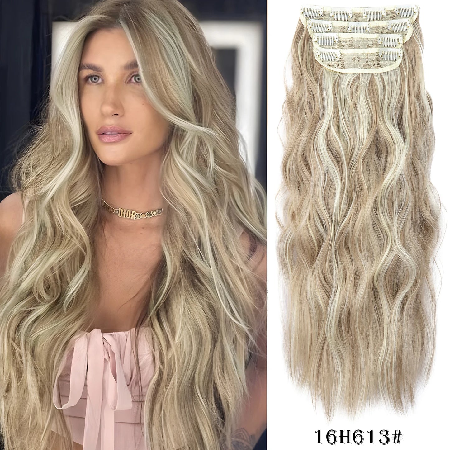 4PCS Clip-In Hair Extensions 20 Inch Long Wavy Synthetic Hair for Women – Thick Full Head Hairpieces with Secure Clips, Ombre Colour Blend, Natural Lo - MONA HAIR 