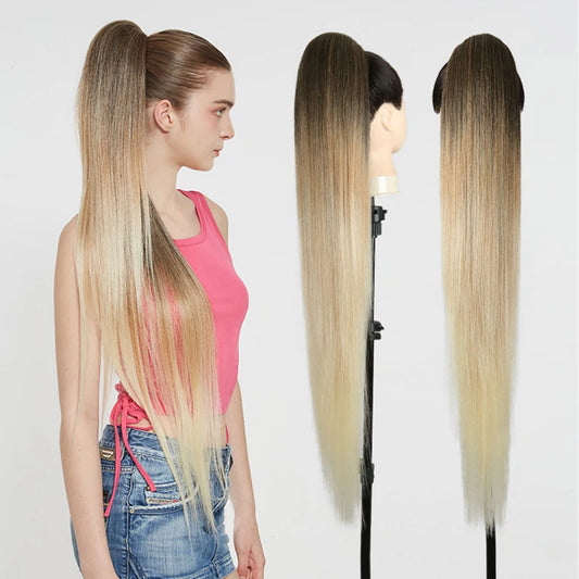 36 inch Long Ponytail Hair Extensions Drawstring Ombre Blond Pony Tail Women Hairpiece - MONA HAIR 