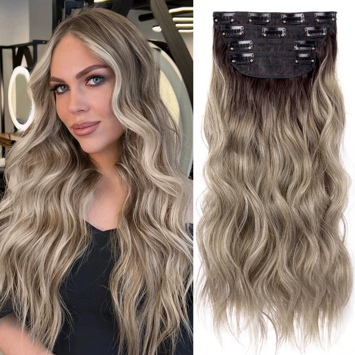 4PCS Clip-In Hair Extensions 20 Inch Long Wavy Synthetic Hair for Women – Thick Full Head Hairpieces with Secure Clips, Ombre Colour Blend, Natural Lo - MONA HAIR 