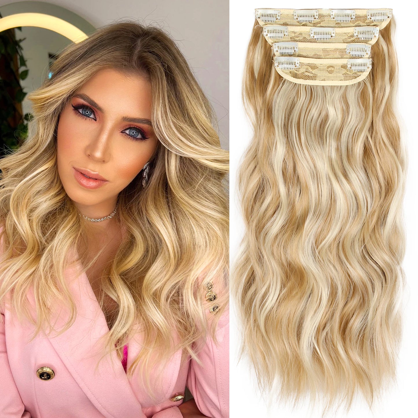 4PCS Clip-In Hair Extensions 20 Inch Long Wavy Synthetic Hair for Women – Thick Full Head Hairpieces with Secure Clips, Ombre Colour Blend, Natural Lo - MONA HAIR 
