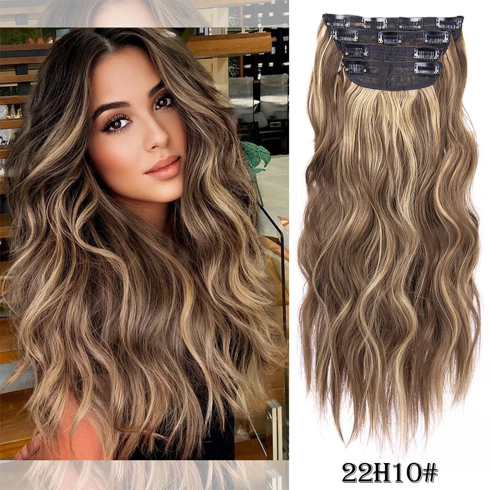 4PCS Clip-In Hair Extensions 20 Inch Long Wavy Synthetic Hair for Women – Thick Full Head Hairpieces with Secure Clips, Ombre Colour Blend, Natural Lo - MONA HAIR 