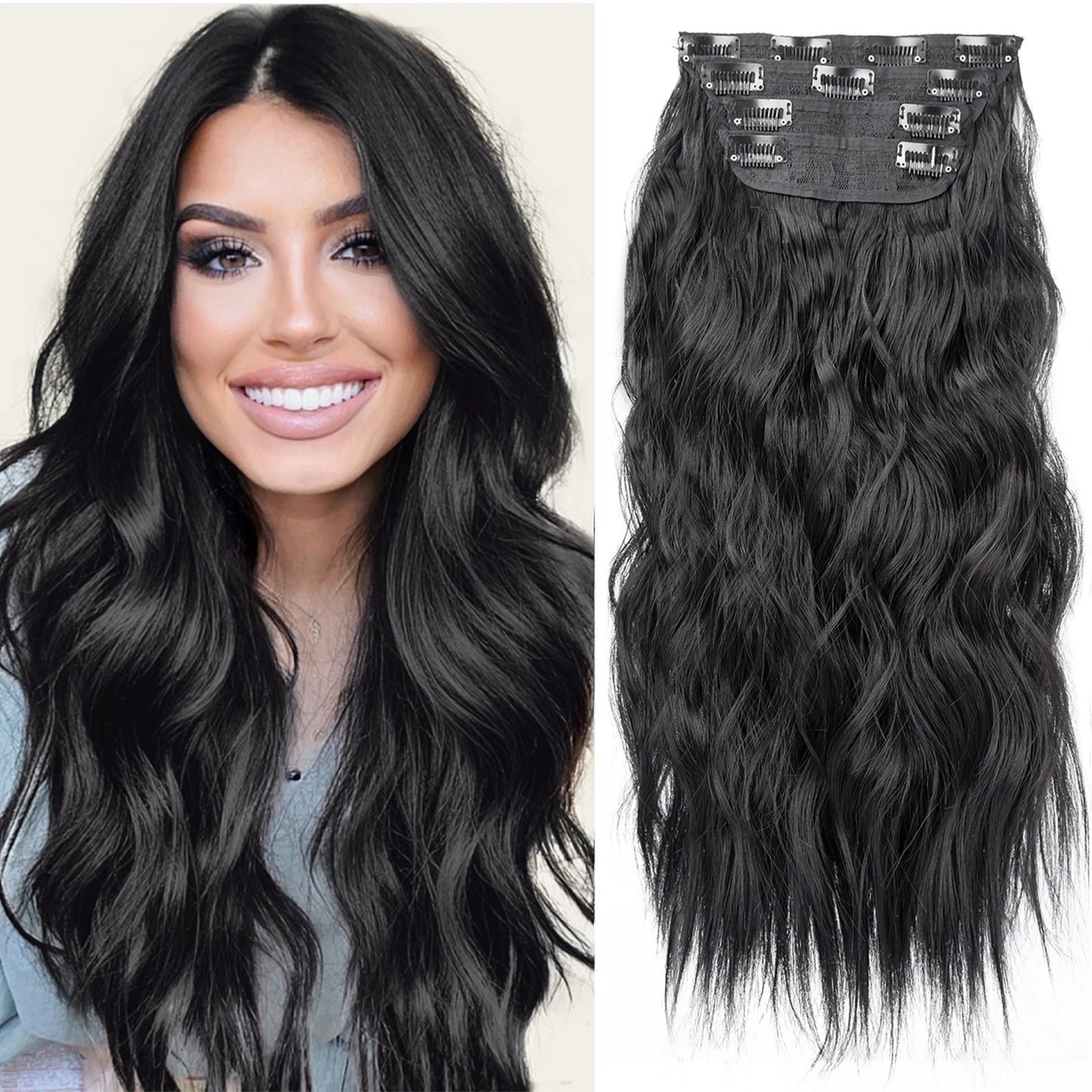 4PCS Clip-In Hair Extensions 20 Inch Long Wavy Synthetic Hair for Women – Thick Full Head Hairpieces with Secure Clips, Ombre Colour Blend, Natural Lo - MONA HAIR 