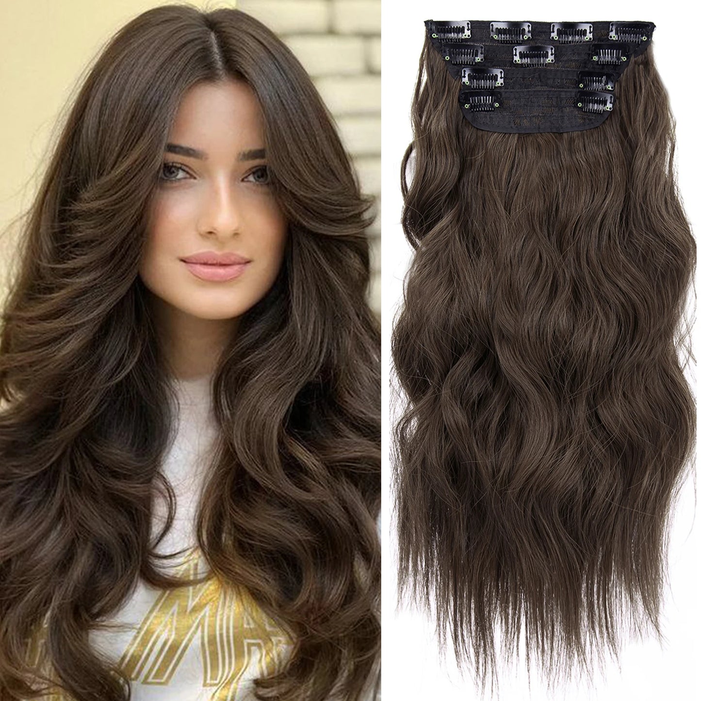 4PCS Clip-In Hair Extensions 20 Inch Long Wavy Synthetic Hair for Women – Thick Full Head Hairpieces with Secure Clips, Ombre Colour Blend, Natural Lo - MONA HAIR 