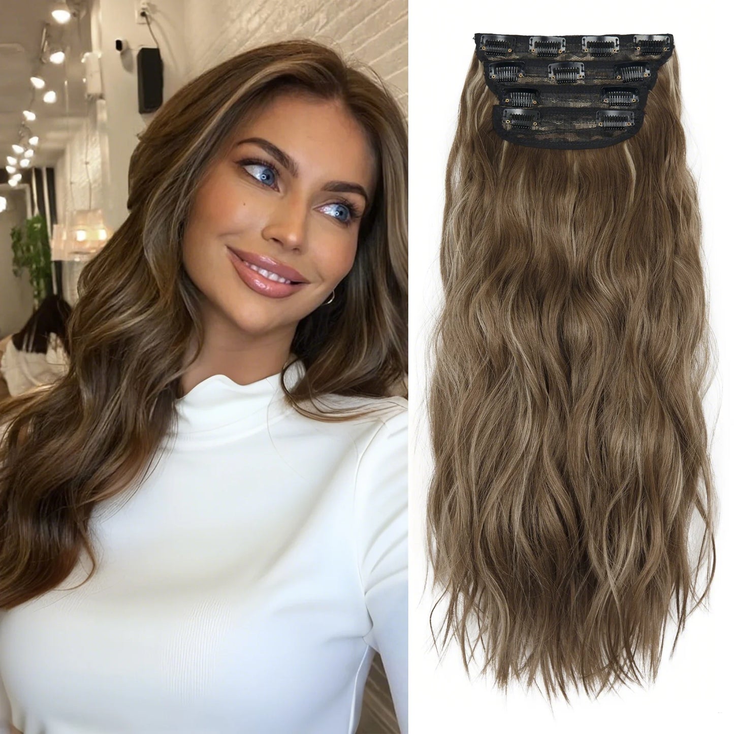 4PCS Clip-In Hair Extensions 20 Inch Long Wavy Synthetic Hair for Women – Thick Full Head Hairpieces with Secure Clips, Ombre Colour Blend, Natural Lo - MONA HAIR 