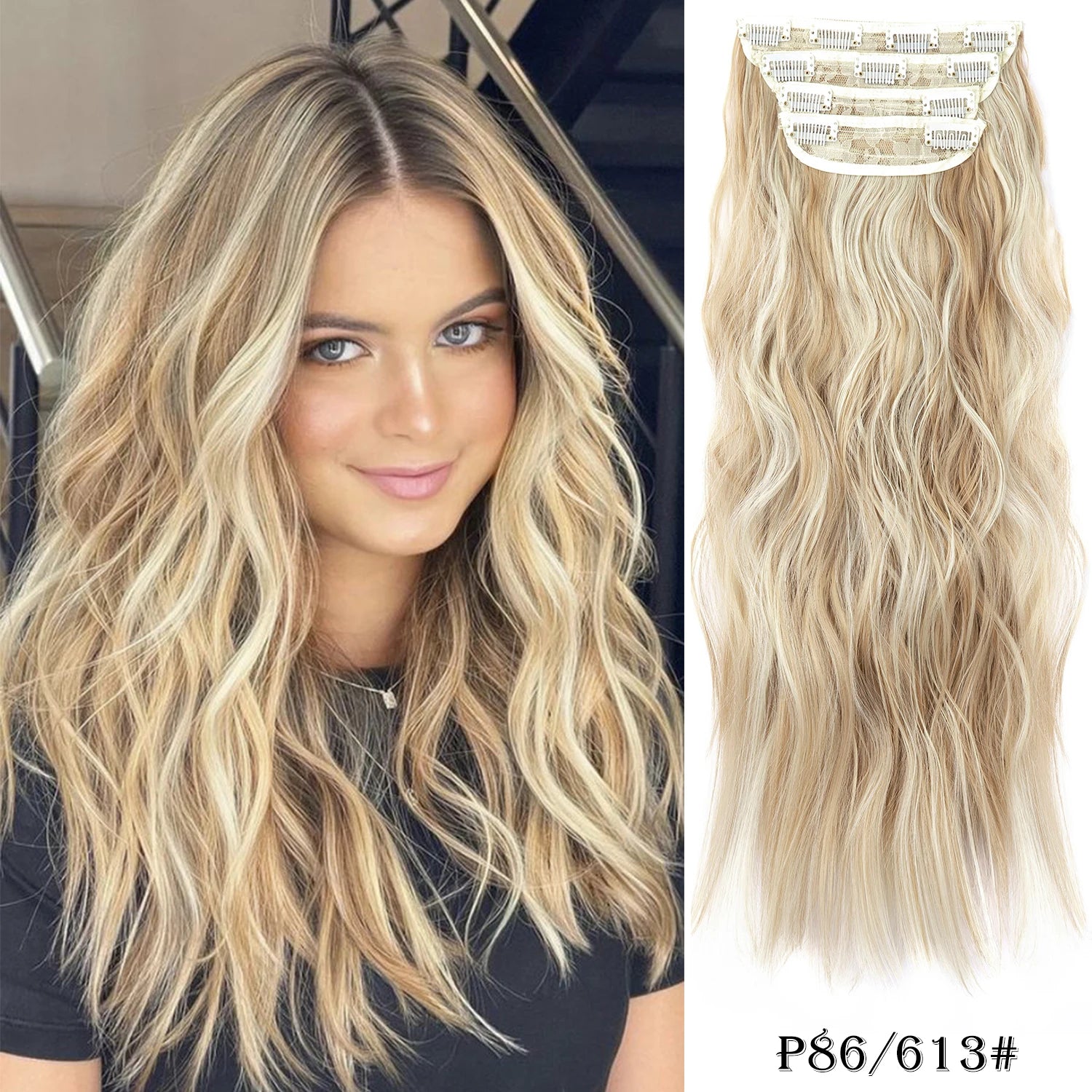 4PCS Clip-In Hair Extensions 20 Inch Long Wavy Synthetic Hair for Women – Thick Full Head Hairpieces with Secure Clips, Ombre Colour Blend, Natural Lo - MONA HAIR 