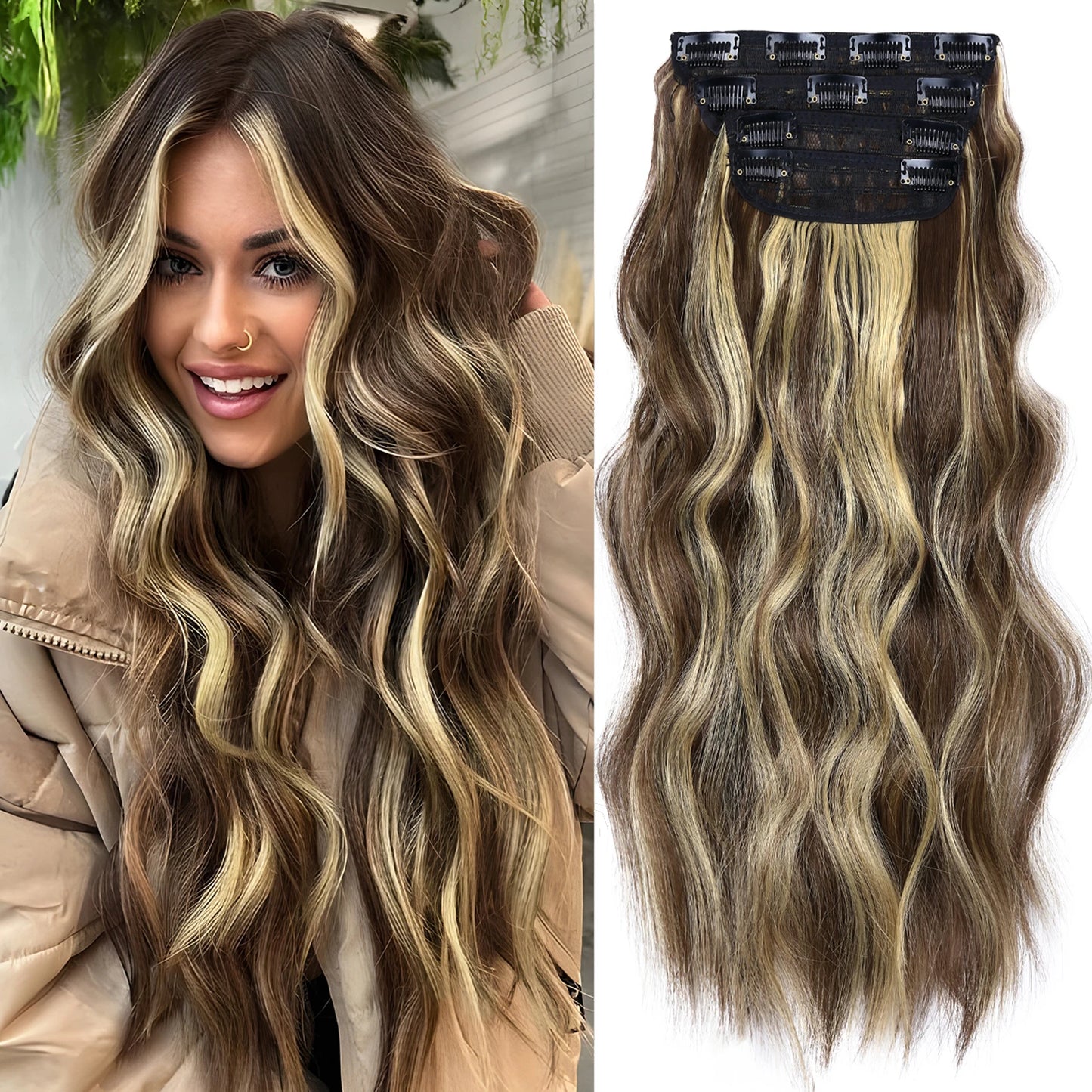 4PCS Clip-In Hair Extensions 20 Inch Long Wavy Synthetic Hair for Women – Thick Full Head Hairpieces with Secure Clips, Ombre Colour Blend, Natural Lo - MONA HAIR 