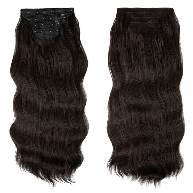 MONA PREMIUM QUALITY 22 Inc Synthetic Clip In Hair Extensions 4Pcs/Set Long Wavy Thick Hairpiece For Women Brown Blonde Black Natural Fake Hair - MONA HAIR 