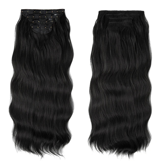 MONA PREMIUM QUALITY 22 Inc Synthetic Clip In Hair Extensions 4Pcs/Set Long Wavy Thick Hairpiece For Women Brown Blonde Black Natural Fake Hair - MONA HAIR 
