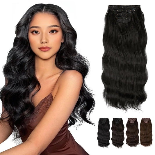 MONA PREMIUM QUALITY 22 Inc Synthetic Clip In Hair Extensions 4Pcs/Set Long Wavy Thick Hairpiece For Women Brown Blonde Black Natural Fake Hair - MONA HAIR 