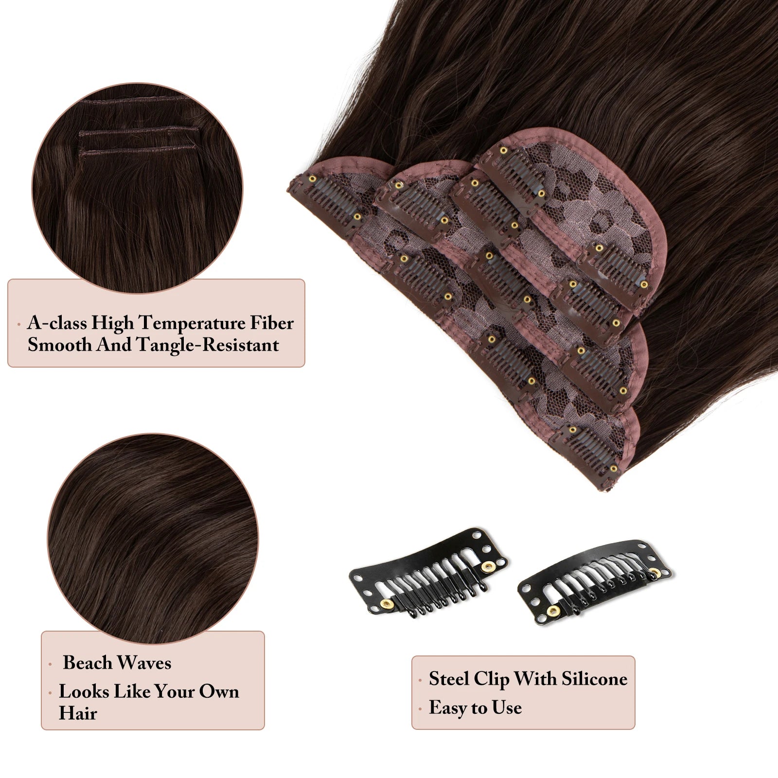 MONA PREMIUM QUALITY 22 Inc Synthetic Clip In Hair Extensions 4Pcs/Set Long Wavy Thick Hairpiece For Women Brown Blonde Black Natural Fake Hair - MONA HAIR 