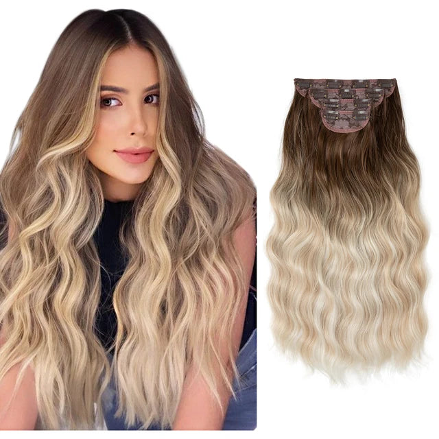 MONA PREMIUM QUALITY  4pcs/set Synthetic Long Wavy Clip In Hair Extensions 22" Thick Hairpiece For Women Brown Blonde Black Natural Fake Hair - MONA HAIR 