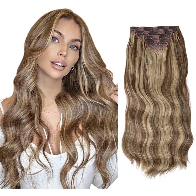 MONA PREMIUM QUALITY  4pcs/set Synthetic Long Wavy Clip In Hair Extensions 22" Thick Hairpiece For Women Brown Blonde Black Natural Fake Hair - MONA HAIR 