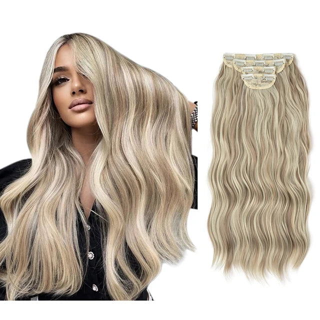 MONA PREMIUM QUALITY  4pcs/set Synthetic Long Wavy Clip In Hair Extensions 22" Thick Hairpiece For Women Brown Blonde Black Natural Fake Hair - MONA HAIR 