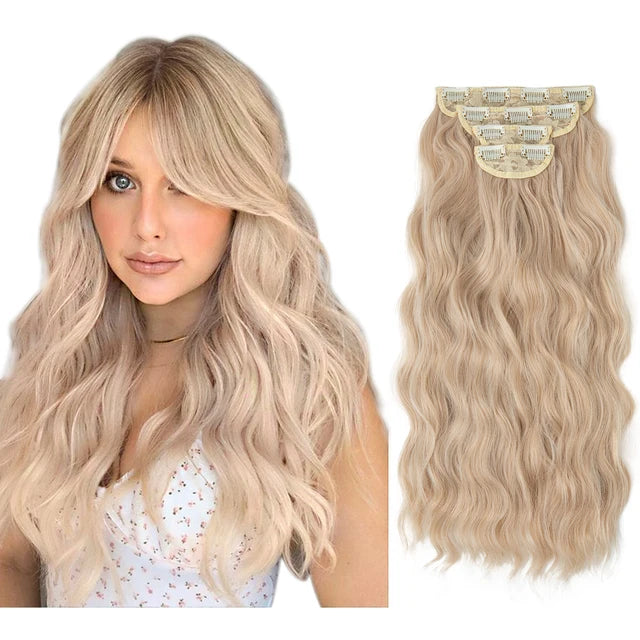 MONA PREMIUM QUALITY  4pcs/set Synthetic Long Wavy Clip In Hair Extensions 22" Thick Hairpiece For Women Brown Blonde Black Natural Fake Hair - MONA HAIR 