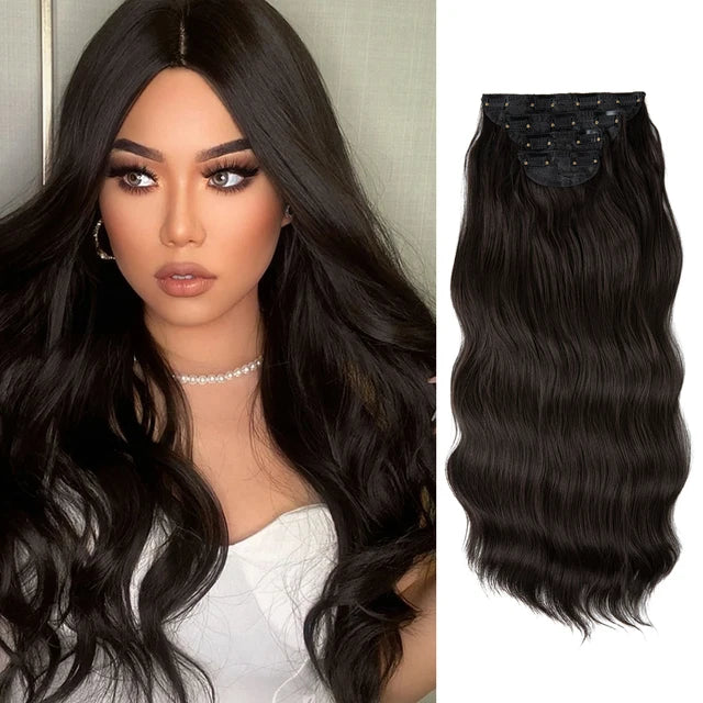 MONA PREMIUM QUALITY  4pcs/set Synthetic Long Wavy Clip In Hair Extensions 22" Thick Hairpiece For Women Brown Blonde Black Natural Fake Hair - MONA HAIR 