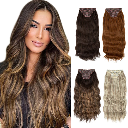 MONA PREMIUM QUALITY  4pcs/set Synthetic Long Wavy Clip In Hair Extensions 22" Thick Hairpiece For Women Brown Blonde Black Natural Fake Hair - MONA HAIR 