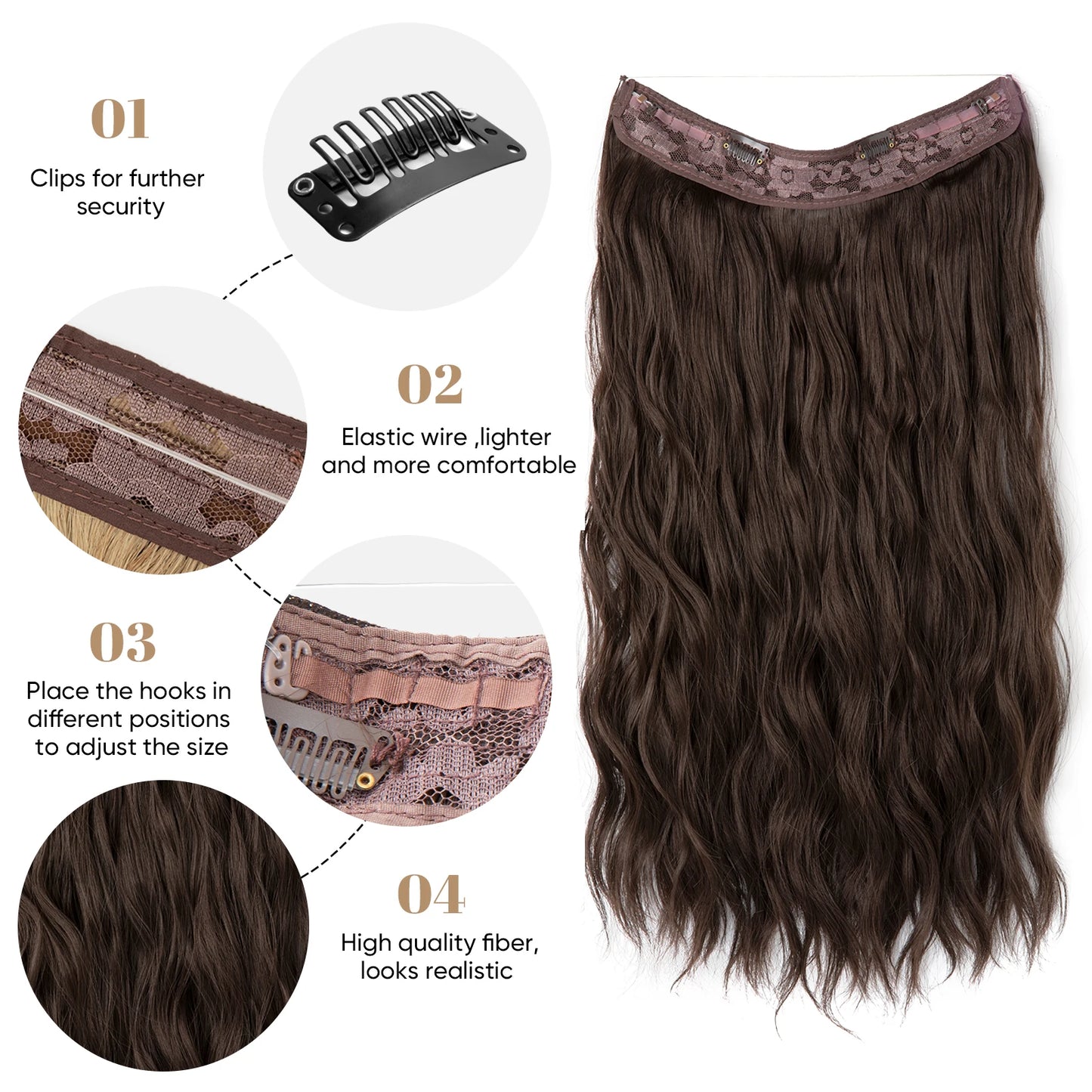 MONA PREMIUM QUALITY Synthetic Waves Invisible Clip in Hair Extensions Fish Line Black Brown Daliy Hairpiece Fake Hair Piece For Woman M10 - MONA HAIR 