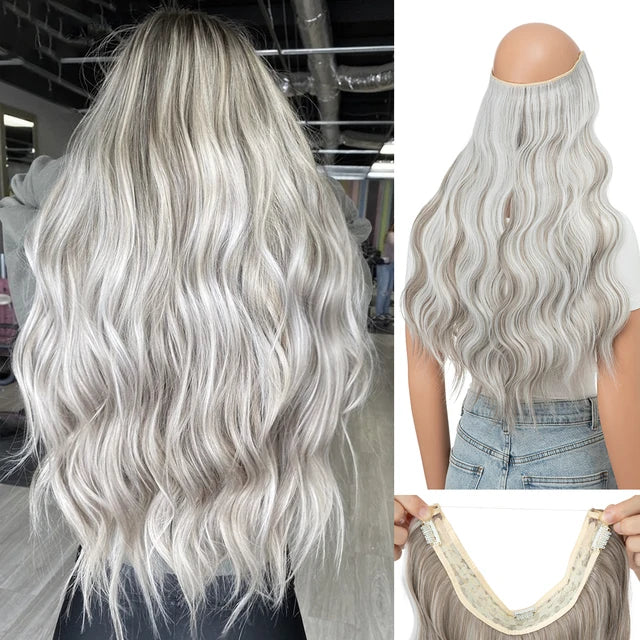MONA PREMIUM QUALITY HAIR Synthetic Wave Invisible Clip in Hair Extensions Fish Line Ombre One Piece Natural Hairpiece Fake Blonde Hair Piece - MONA HAIR 