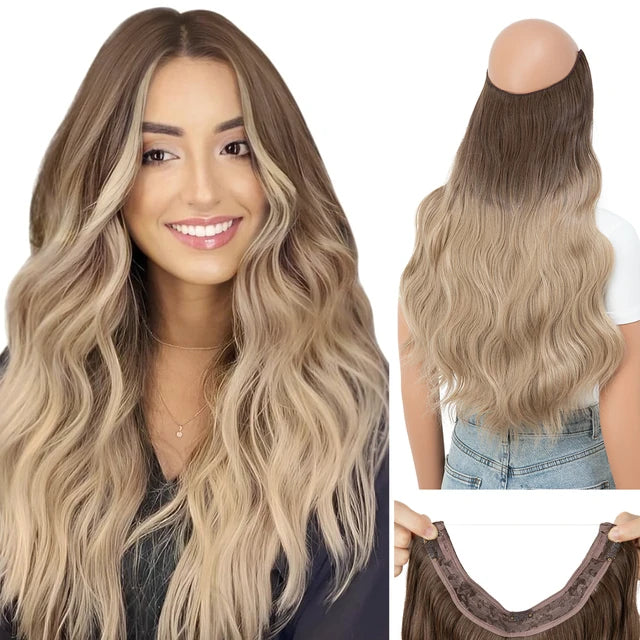 MONA PREMIUM QUALITY HAIR Synthetic Wave Invisible Clip in Hair Extensions Fish Line Ombre One Piece Natural Hairpiece Fake Blonde Hair Piece - MONA HAIR 