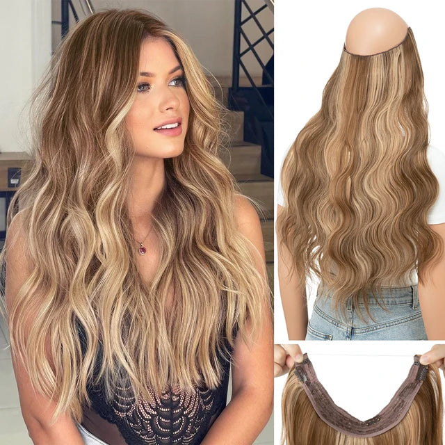MONA PREMIUM QUALITY HAIR Synthetic Wave Invisible Clip in Hair Extensions Fish Line Ombre One Piece Natural Hairpiece Fake Blonde Hair Piece - MONA HAIR 