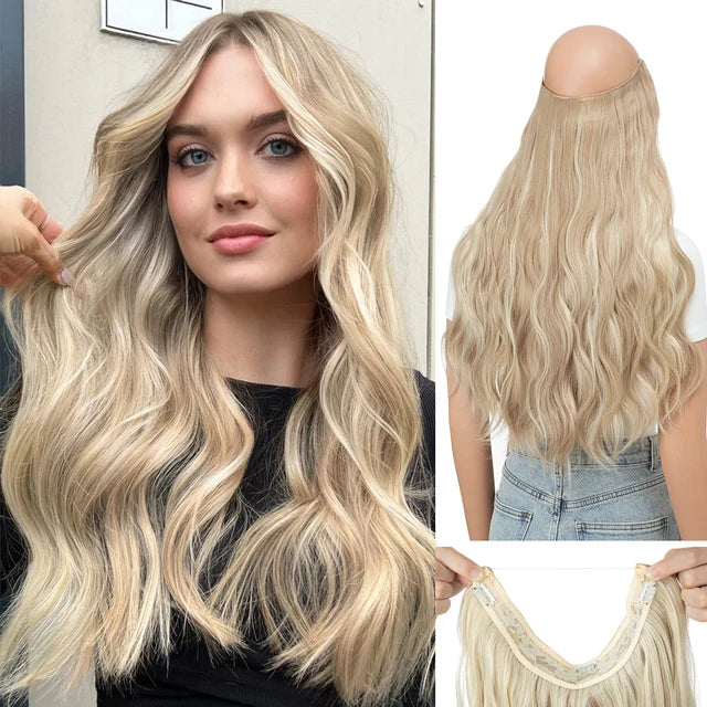 MONA PREMIUM QUALITY HAIR Synthetic Wave Invisible Clip in Hair Extensions Fish Line Ombre One Piece Natural Hairpiece Fake Blonde Hair Piece - MONA HAIR 