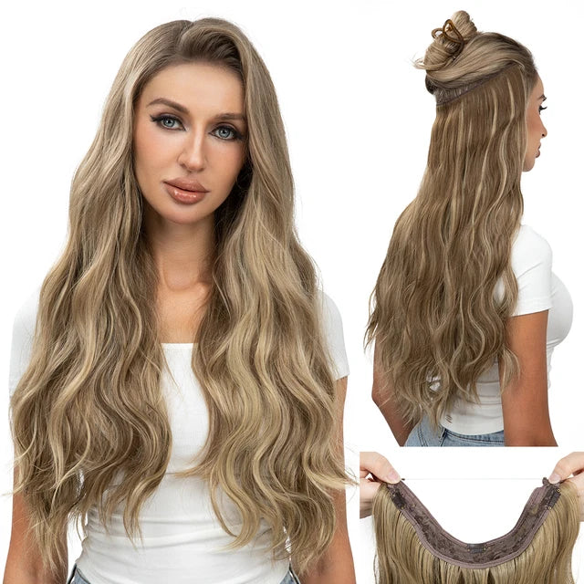 MONA PREMIUM QUALITY HAIR Synthetic Wave Invisible Clip in Hair Extensions Fish Line Ombre One Piece Natural Hairpiece Fake Blonde Hair Piece - MONA HAIR 
