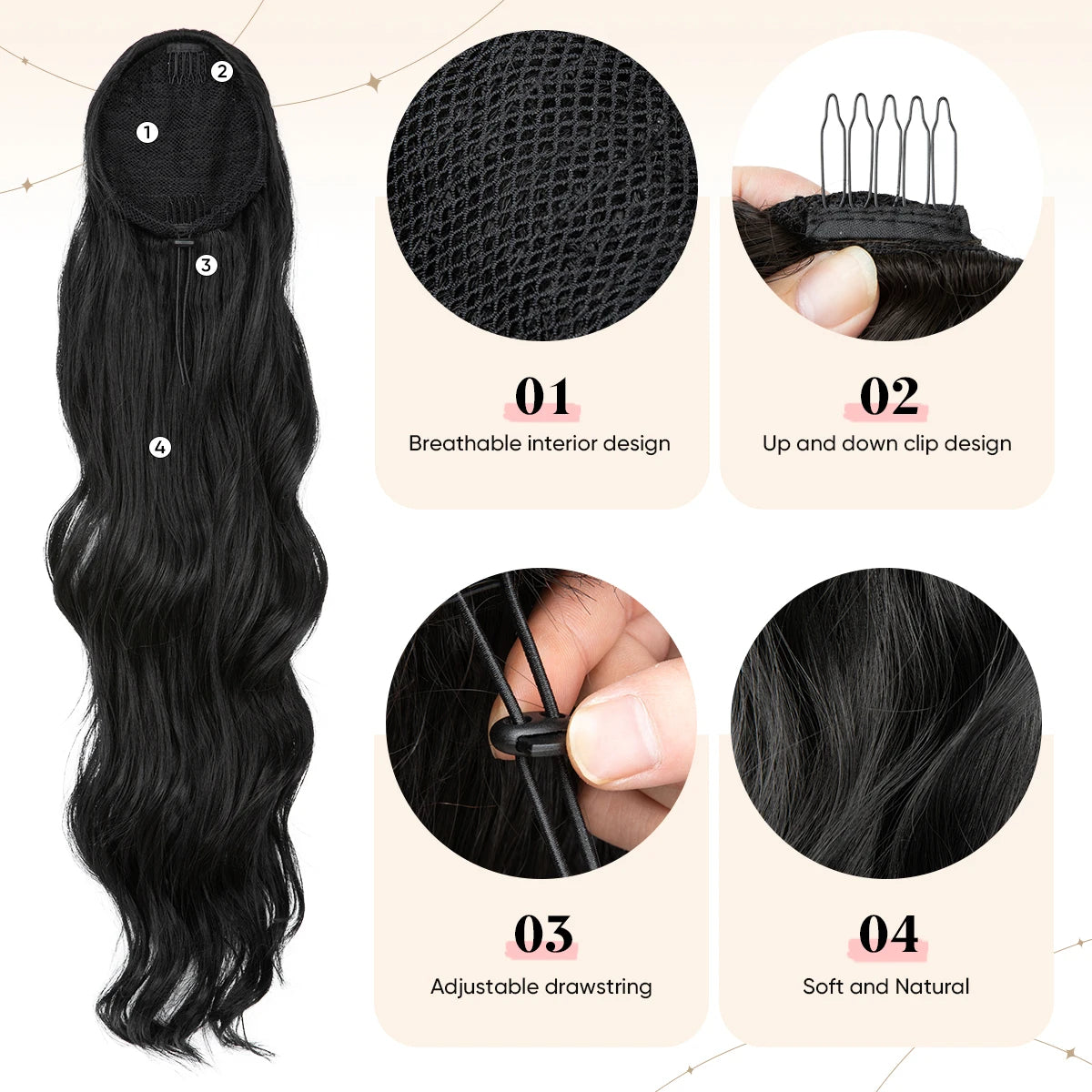 MONA PREMIUM QUALITY Synthetic 26 Inch Long Ponytail Extension Drawstring Hair Extensions Curly Wavy Natural Hairpiece for Women P062 - MONA HAIR 