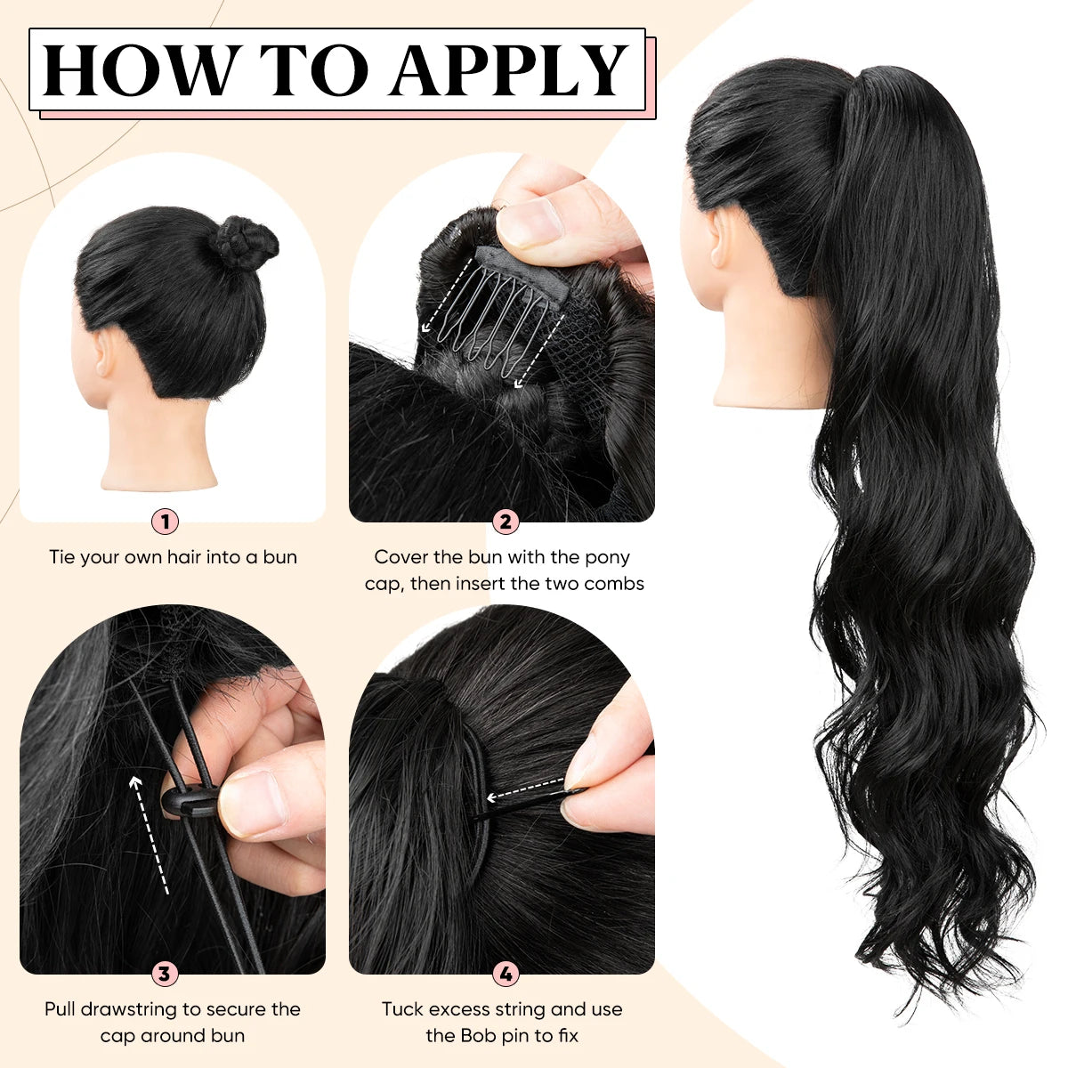 MONA PREMIUM QUALITY Synthetic 26 Inch Long Ponytail Extension Drawstring Hair Extensions Curly Wavy Natural Hairpiece for Women P062 - MONA HAIR 